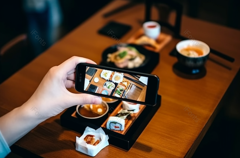 在一家餐馆里,一名年轻女子正在用智能手机拍摄刚上桌的日本菜,然后吃,高清,摄影图,摄影图片,图片大全,摄影图免费下载